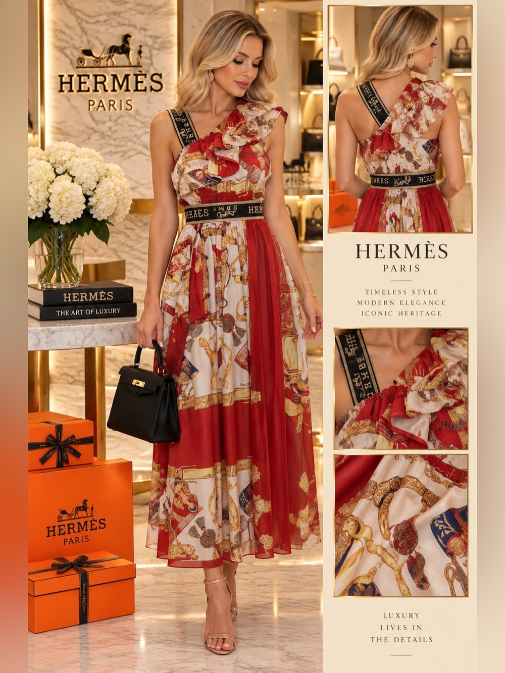 Red & White One-Shoulder Midi Dress